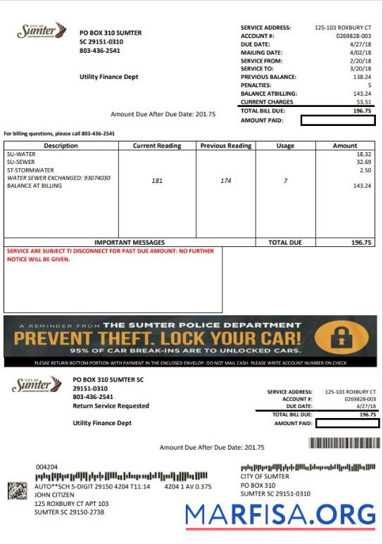 Blank USA City of Sumter South Carolina water utility bill template in Word and PDF format